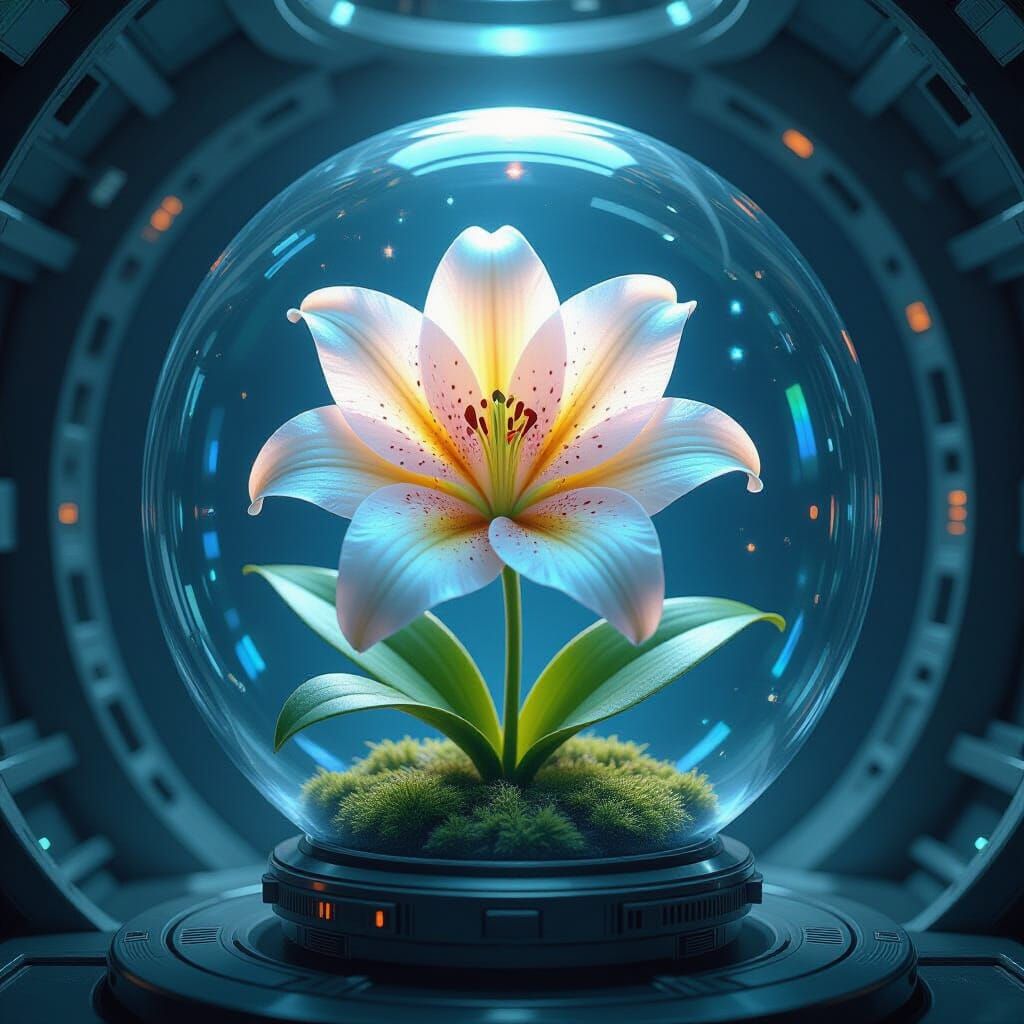 Lily in Terrarium on Spaceship, Art Nouveau Style