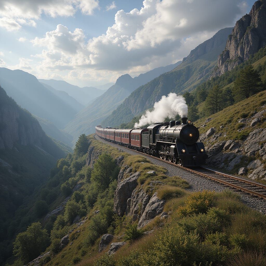 Steam Train Journey Through Epic Fantasy Landscape