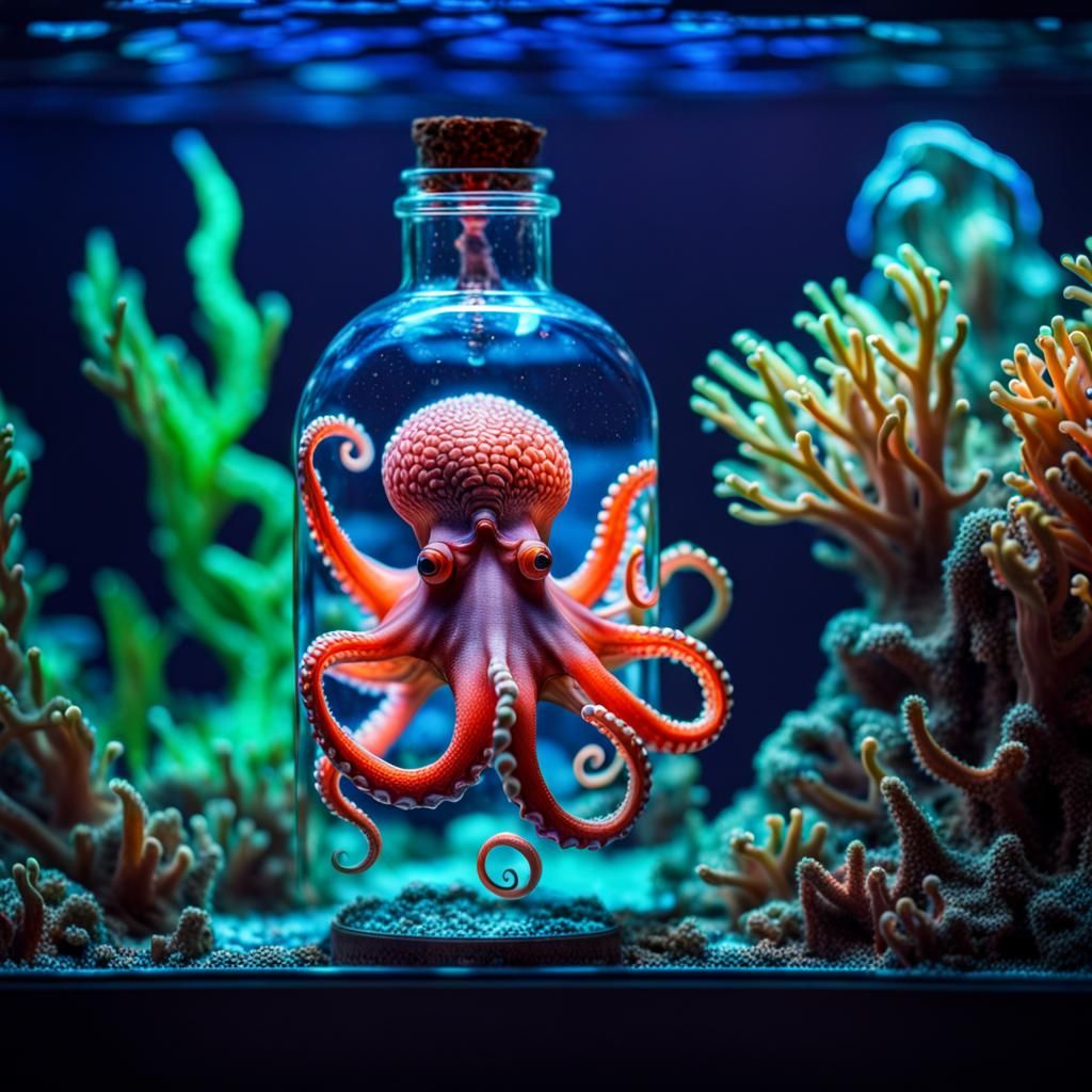 Underwater Octopus in Neon Reef Aquarium Scene