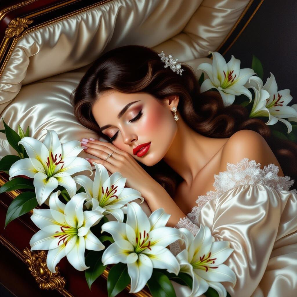 Serene Woman in Ornate Casket Oil Painting