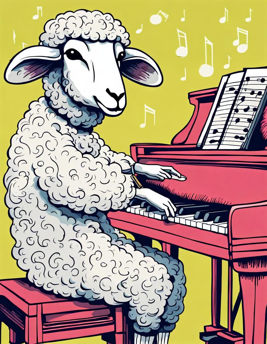 Sheep composer. Playing piano.