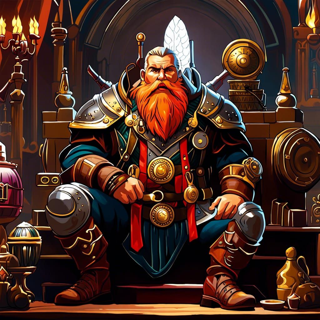 Steampunk Dwarf Cleric Savoring Craft Beer in Vibrant Tavern