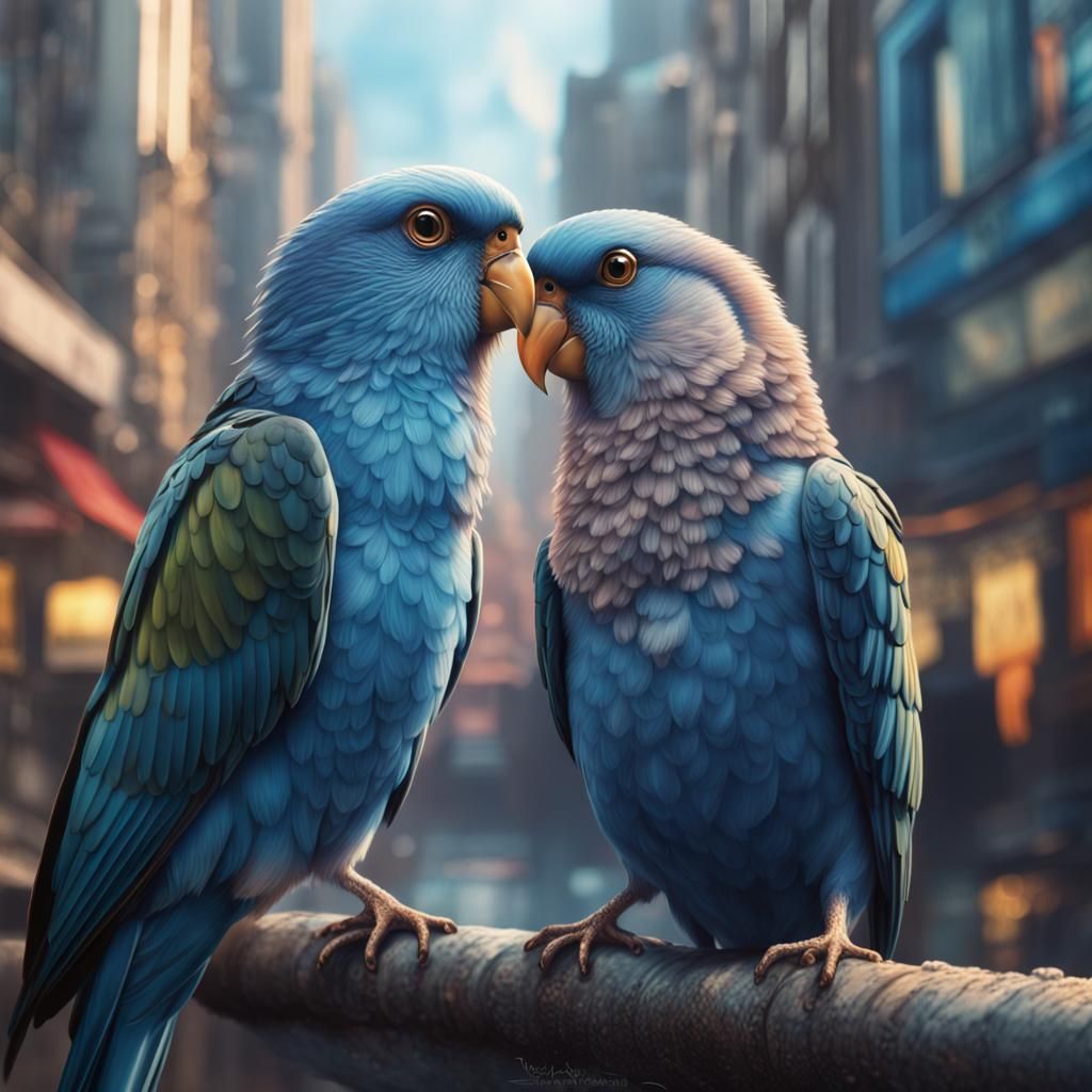 Hyperrealistic Blue Lovebirds in Vivid SkyFall City Setting