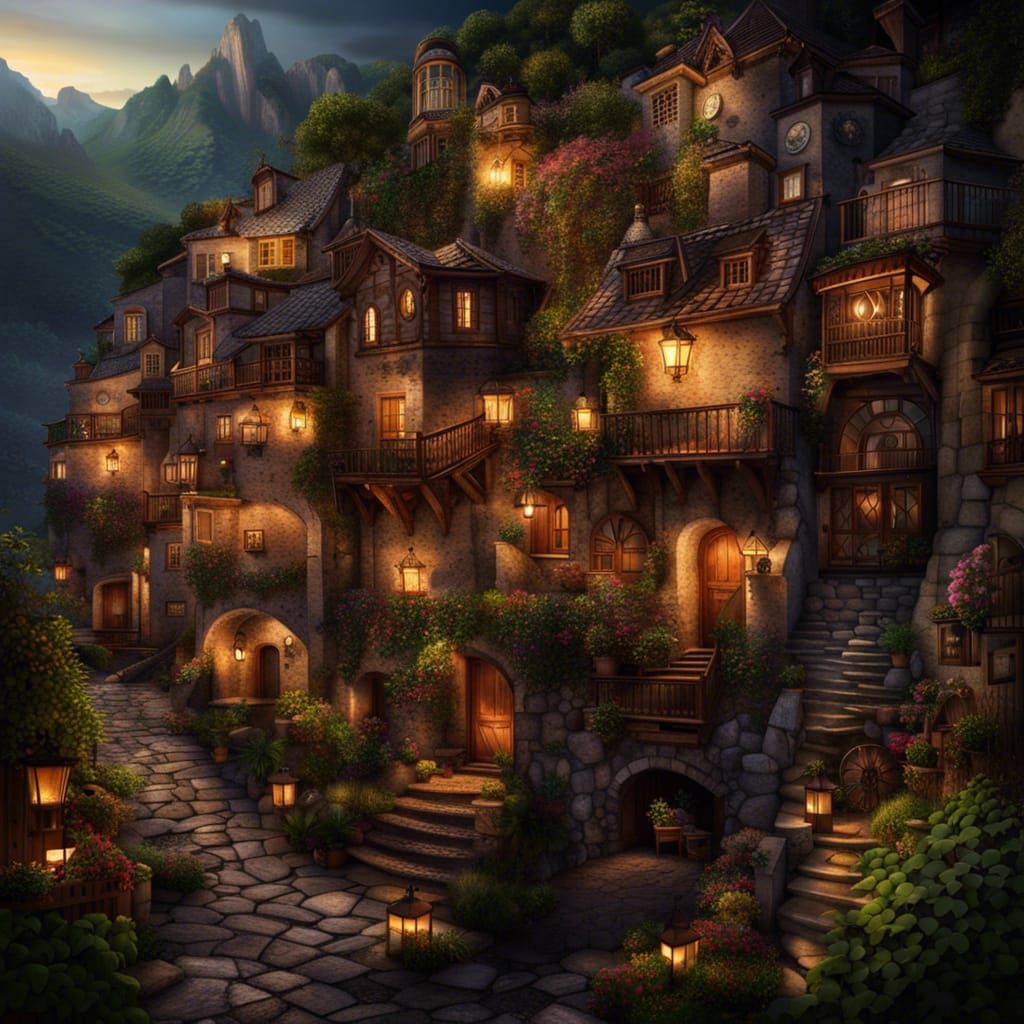 Highly detailed mountainsides filled tightly with crooked many story quirky buildings, night, candle lanterns, flow in w...