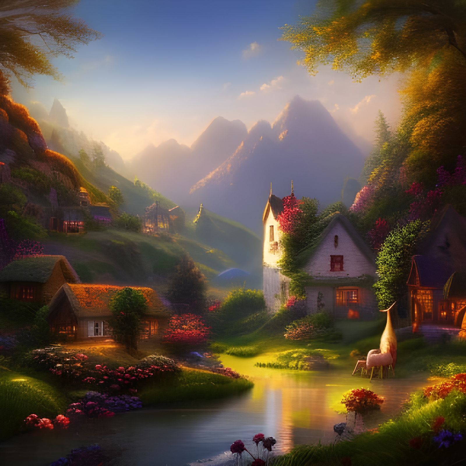 Ethereal Fantasy Village Amidst Majestic Mountains
