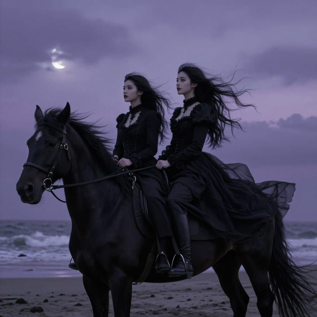 Gothic Riders on Windswept Beach at Twilight
