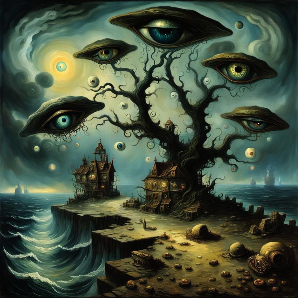Glowing Eyeballs Adrift Over the Mysterious Night Sea
