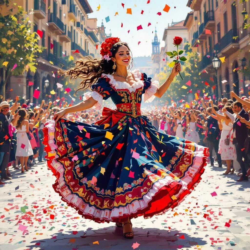 Spanish Dancer Celebrates City Day with Rose in Barcelona Sq...