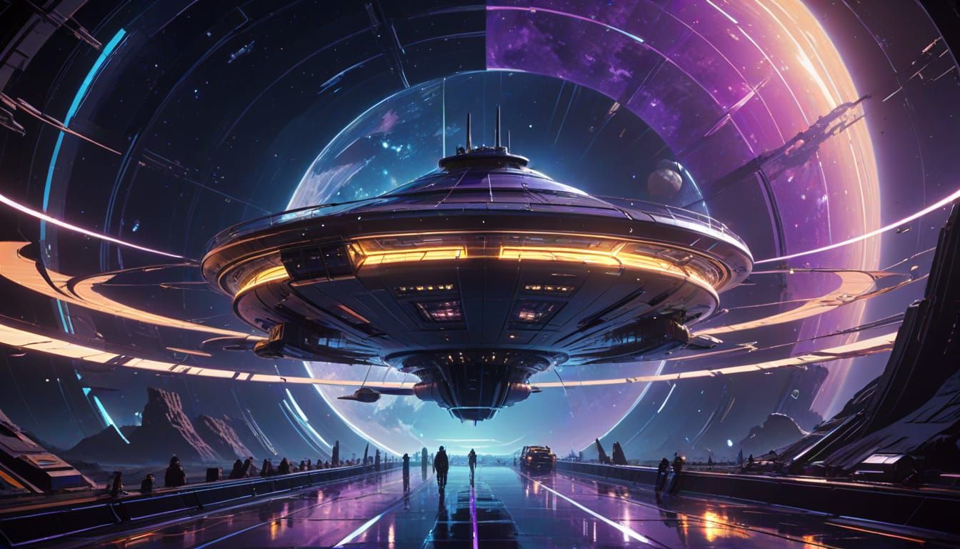 Retro-Futuristic Space Age Cruise Ship in Saturn's Rings