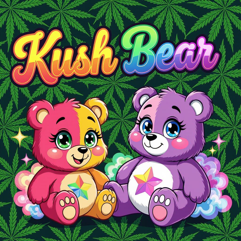 Rainbow Kush Bear with Care Bear in Playful Style