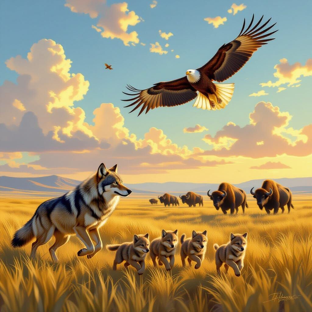 Wolf Family Joyfully Runs Through Sun-Drenched Savanna