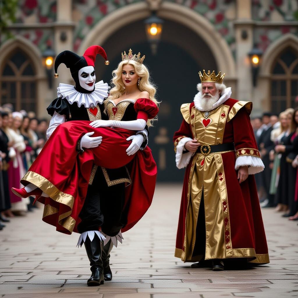 Jester Carries Queen of Hearts Amidst King's Disapproval