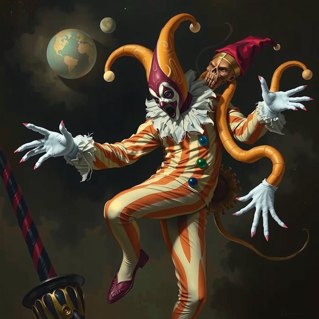 Surreal Harlequin-Squid Hybrid Dance in Oil Painting