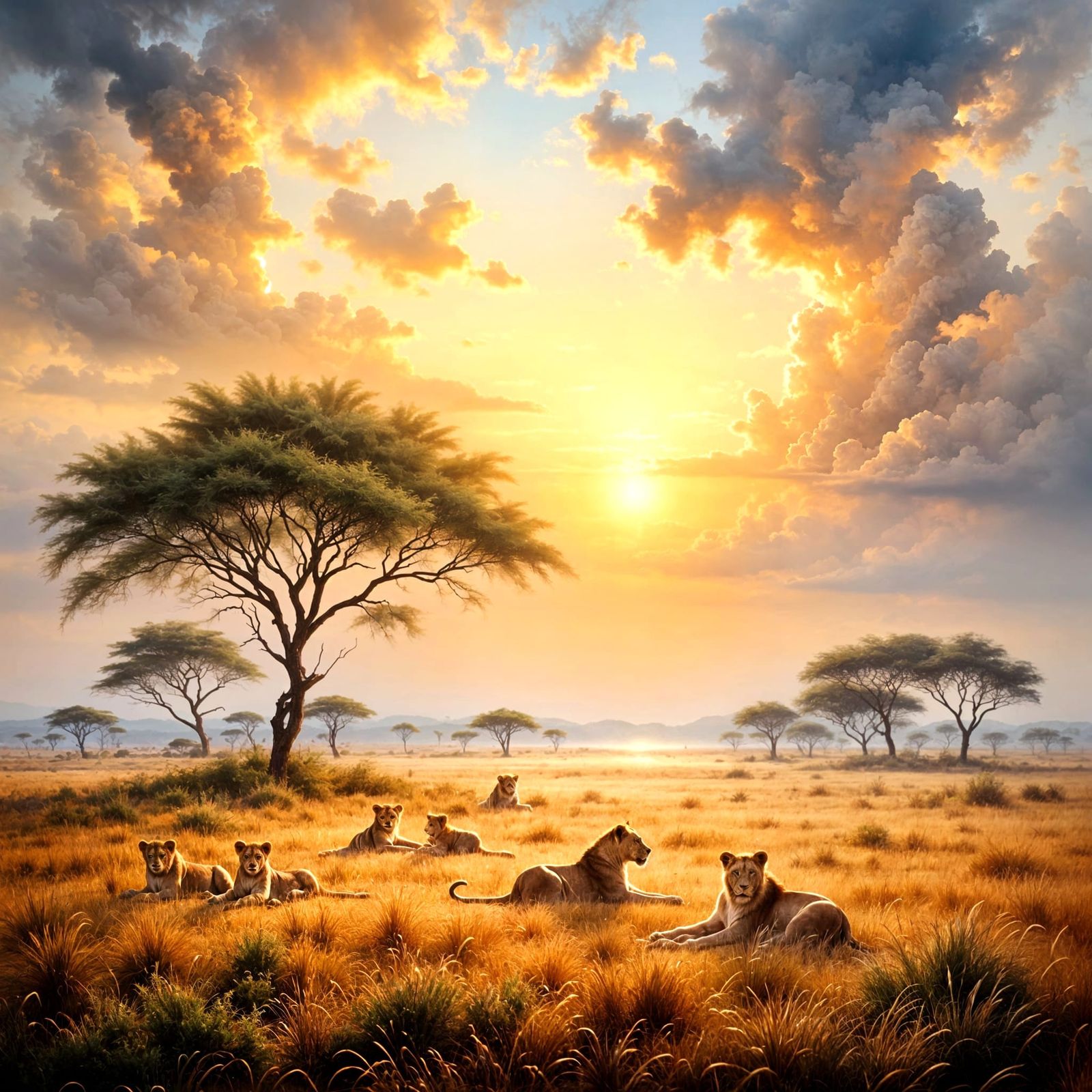 Surreal Watercolor Landscape with Majestic Lions in the Dist...