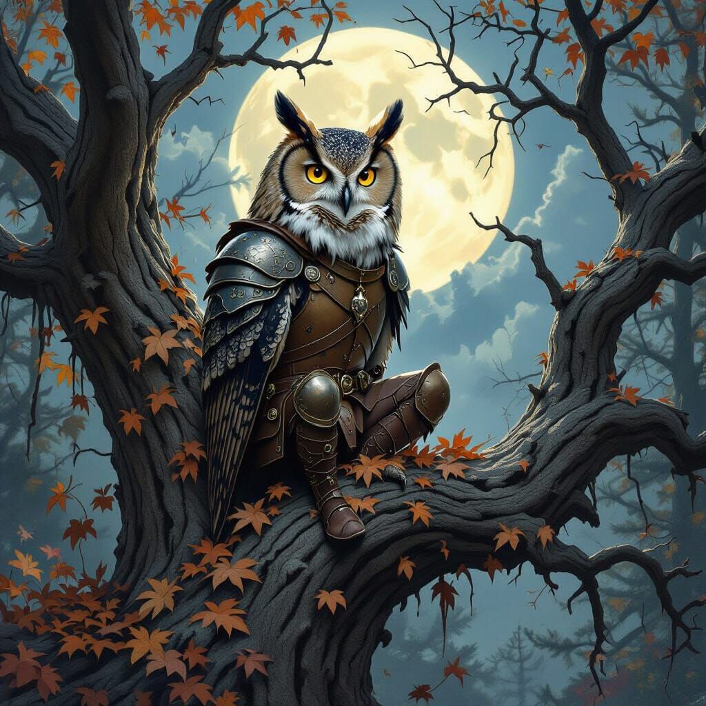 Armored Owl Perched on Oak in Moonlit Forest