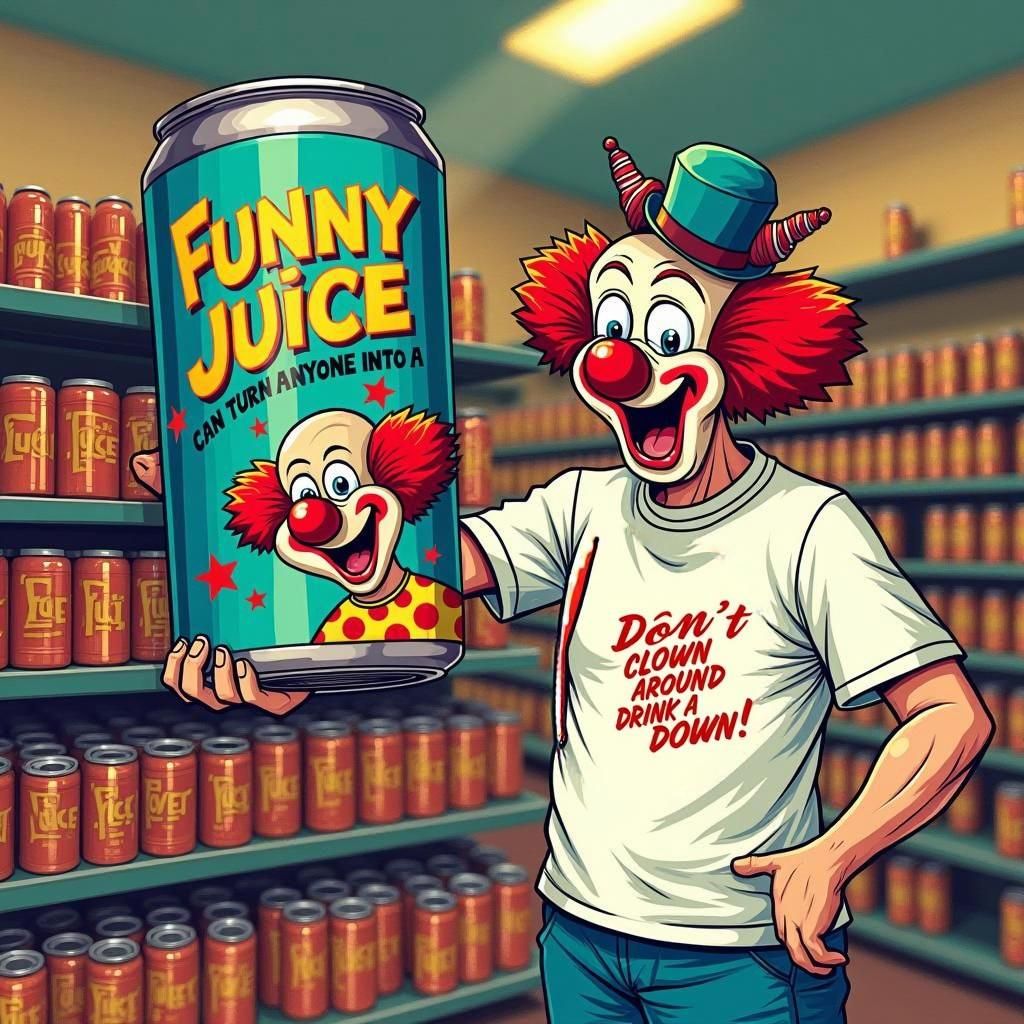 Jumbo Can of Funny Juice Held by a Clown