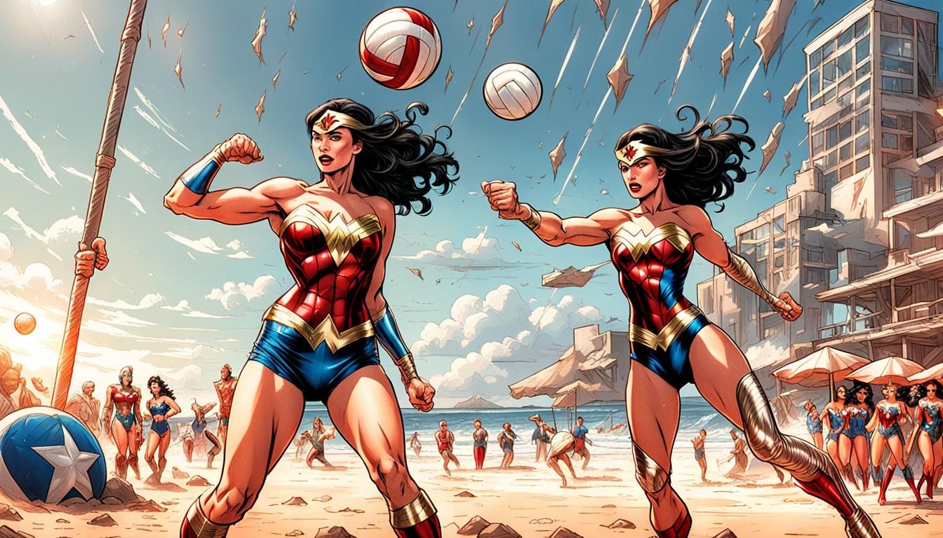 Marvel Heroines in Beach Volleyball Scene, Intricately Detai...