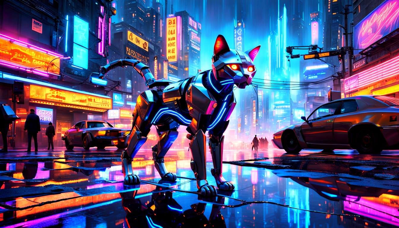 Sleek Robotic Cat Rises in Cyberpunk City
