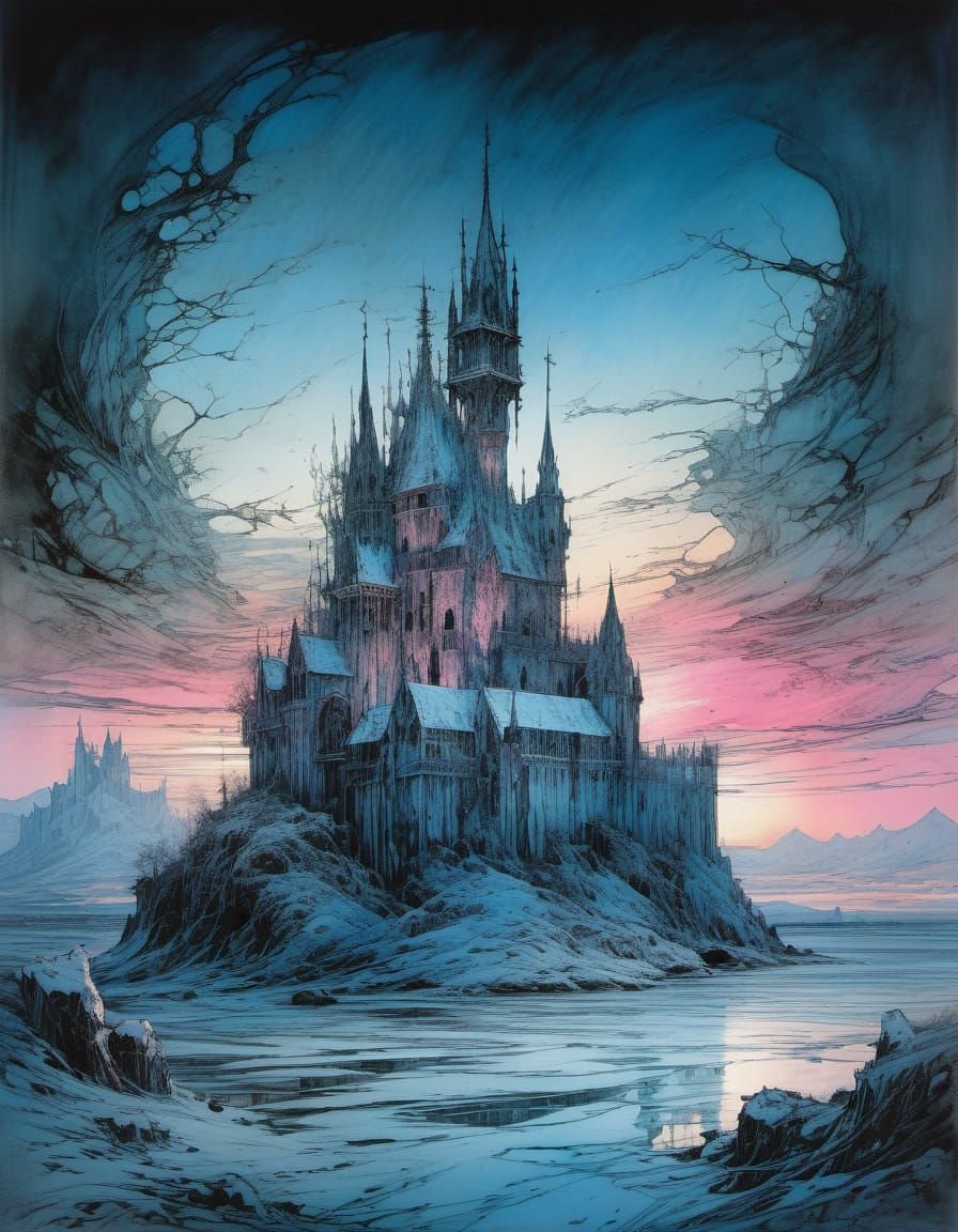 Gothic Ice Castle at Sunset in Deep Colors