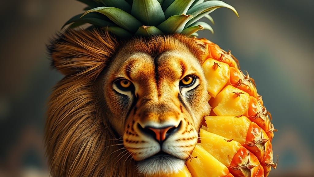 Hyper-Realistic Lion-Pineapple Hybrid in Vibrant, Detailed S...