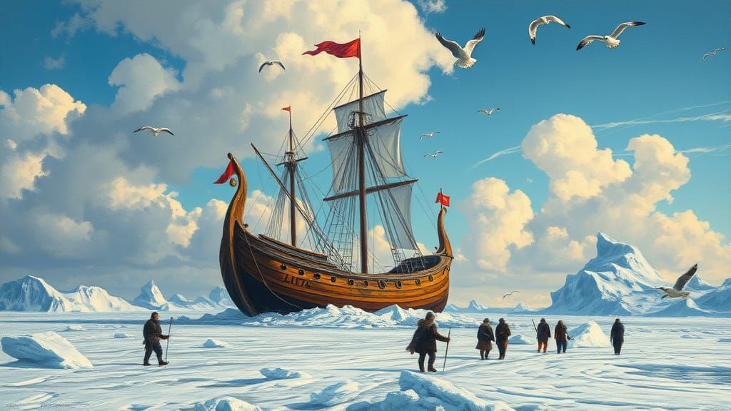 Viking Ship in Surreal Frozen Landscape