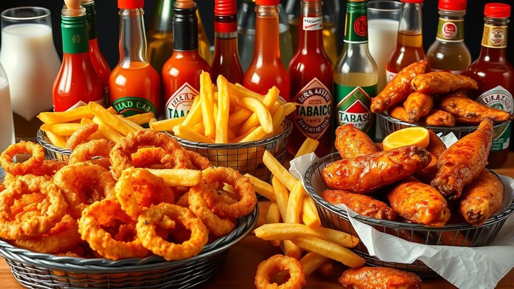Crispy Onion Rings and Fries Basket in Photorealistic Style