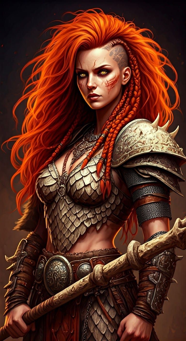 Battle-hardened Female Warrior in Dragonbone Armor