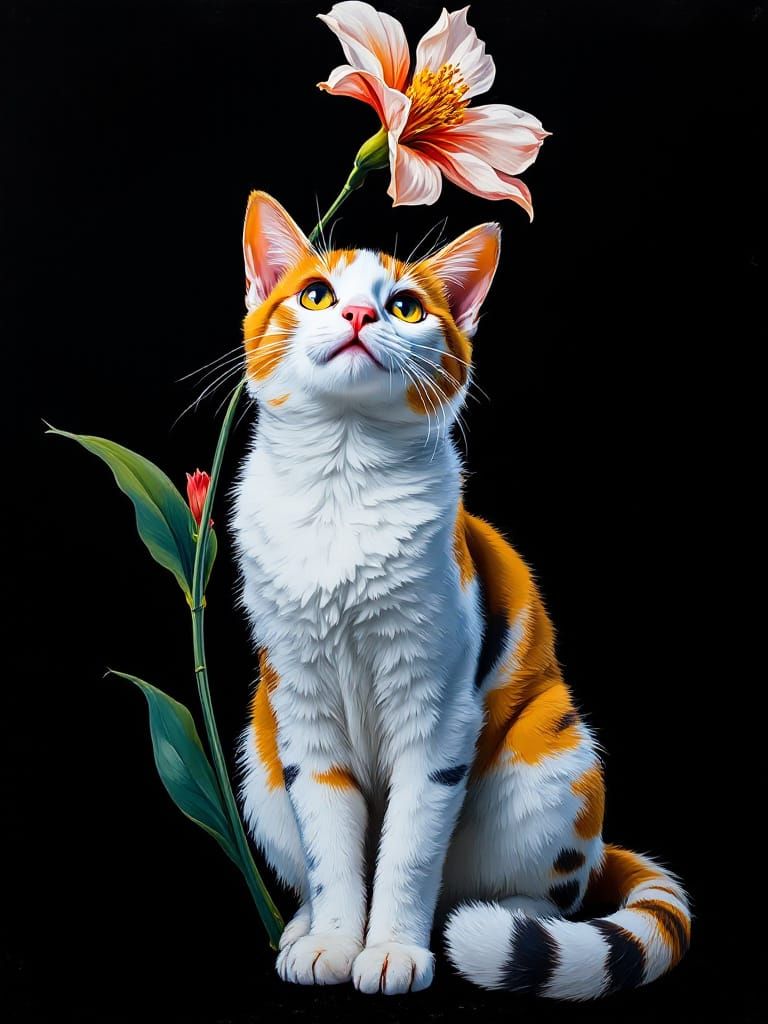 Adorable Cat Under Flowers with WWII Nose Art Style