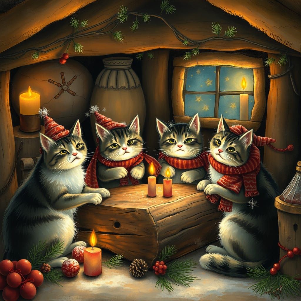 Whimsical Felines Celebrate Yule in Enchanted Cabin