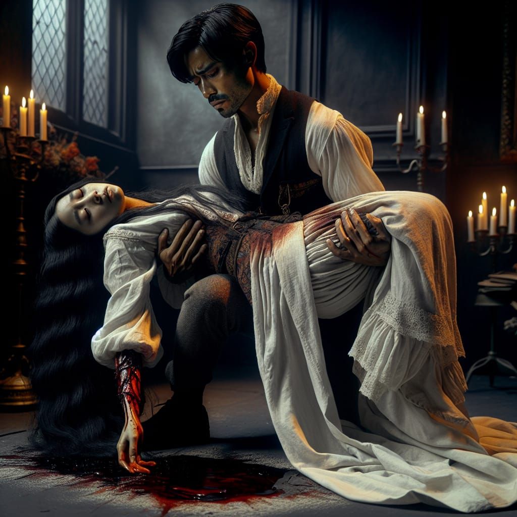 A Grieving Man Holds a Dying Woman in a Haunting Monochrome...