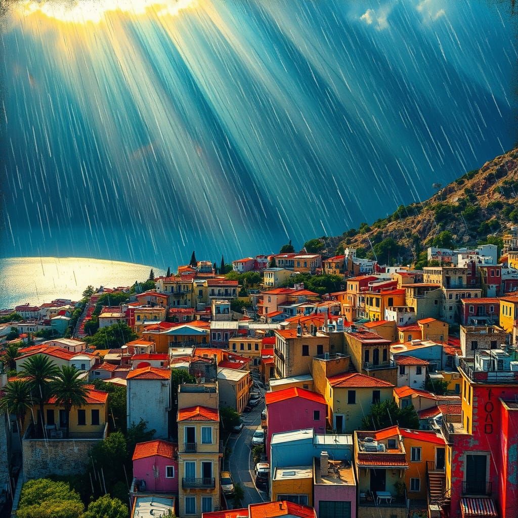 Vibrant Greek City in Rain with Rainbow