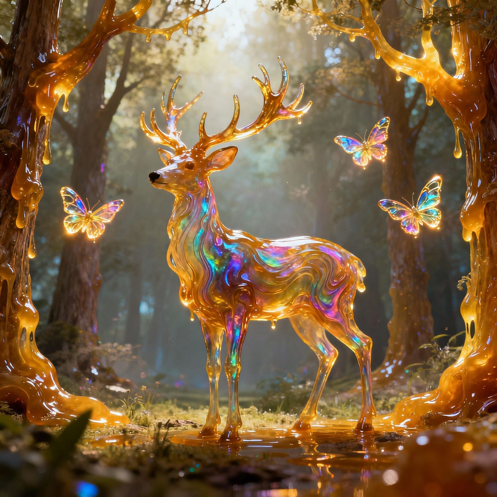 Majestic Liquid Stag in Mystical Honey Forest