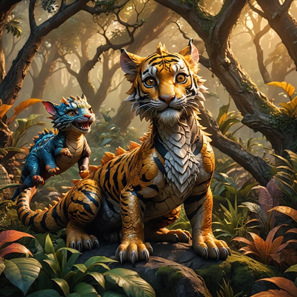 Majestic Baby Dragon and Tiger Play Together in Enchanted Fo...