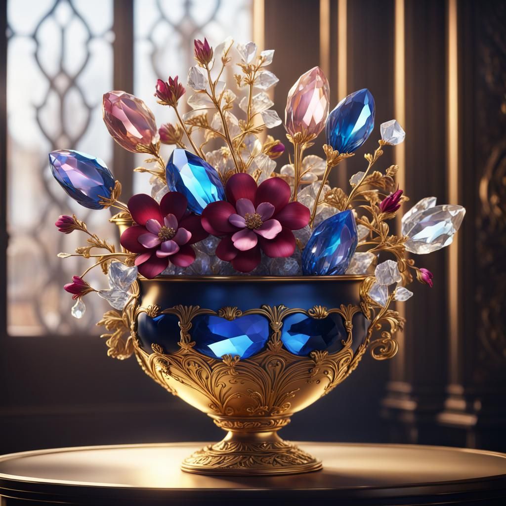 Crystal Flowers in a Golden Vase with Semi-Precious Stones i...