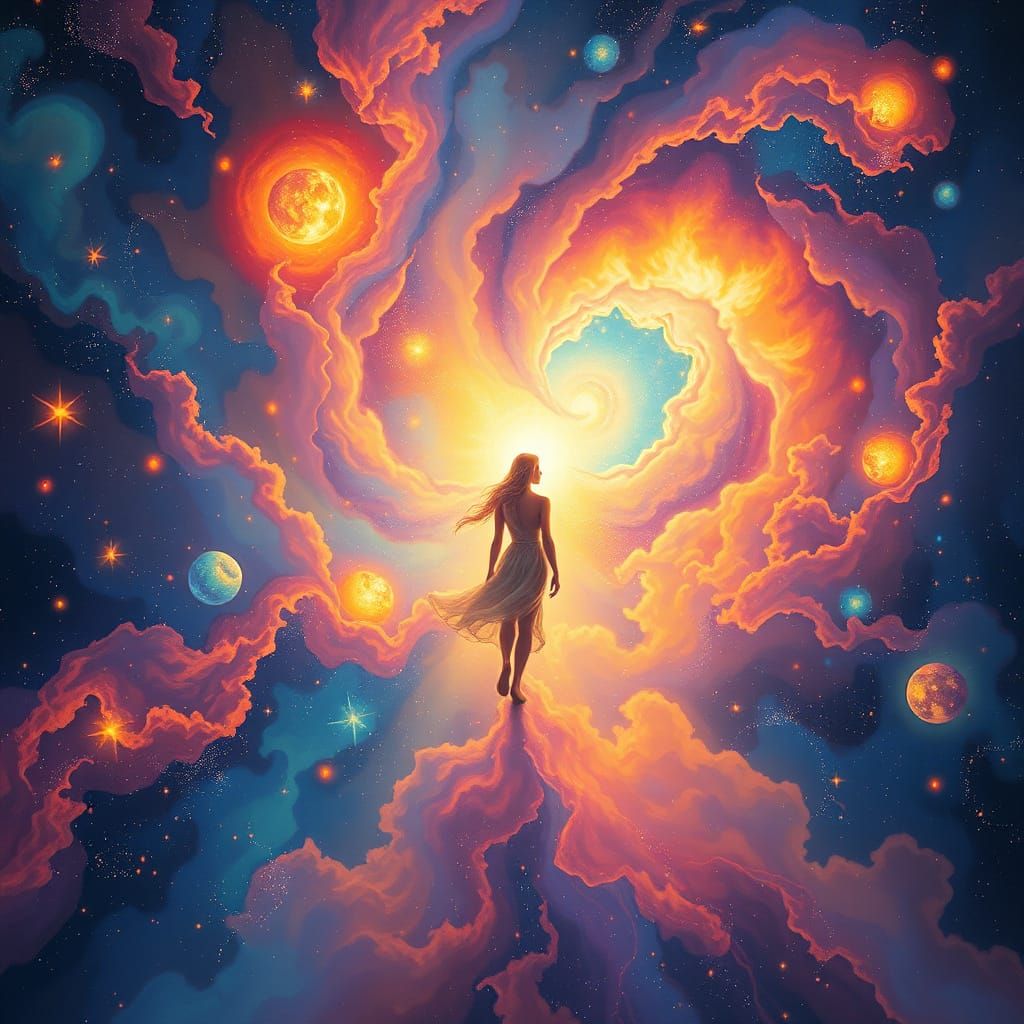 Cosmic Oneness: Figure Dissolves into Starry Tapestry