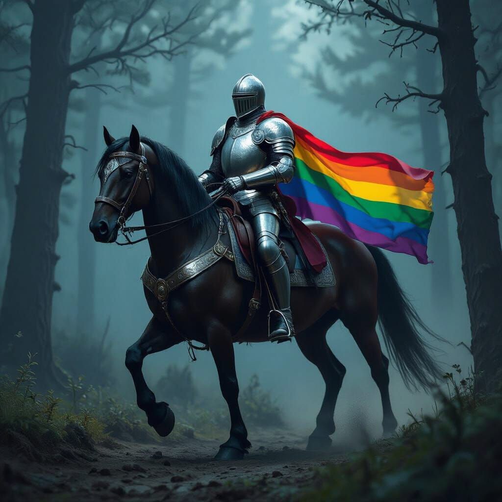 Knight with Pride Flag in Dark Forest