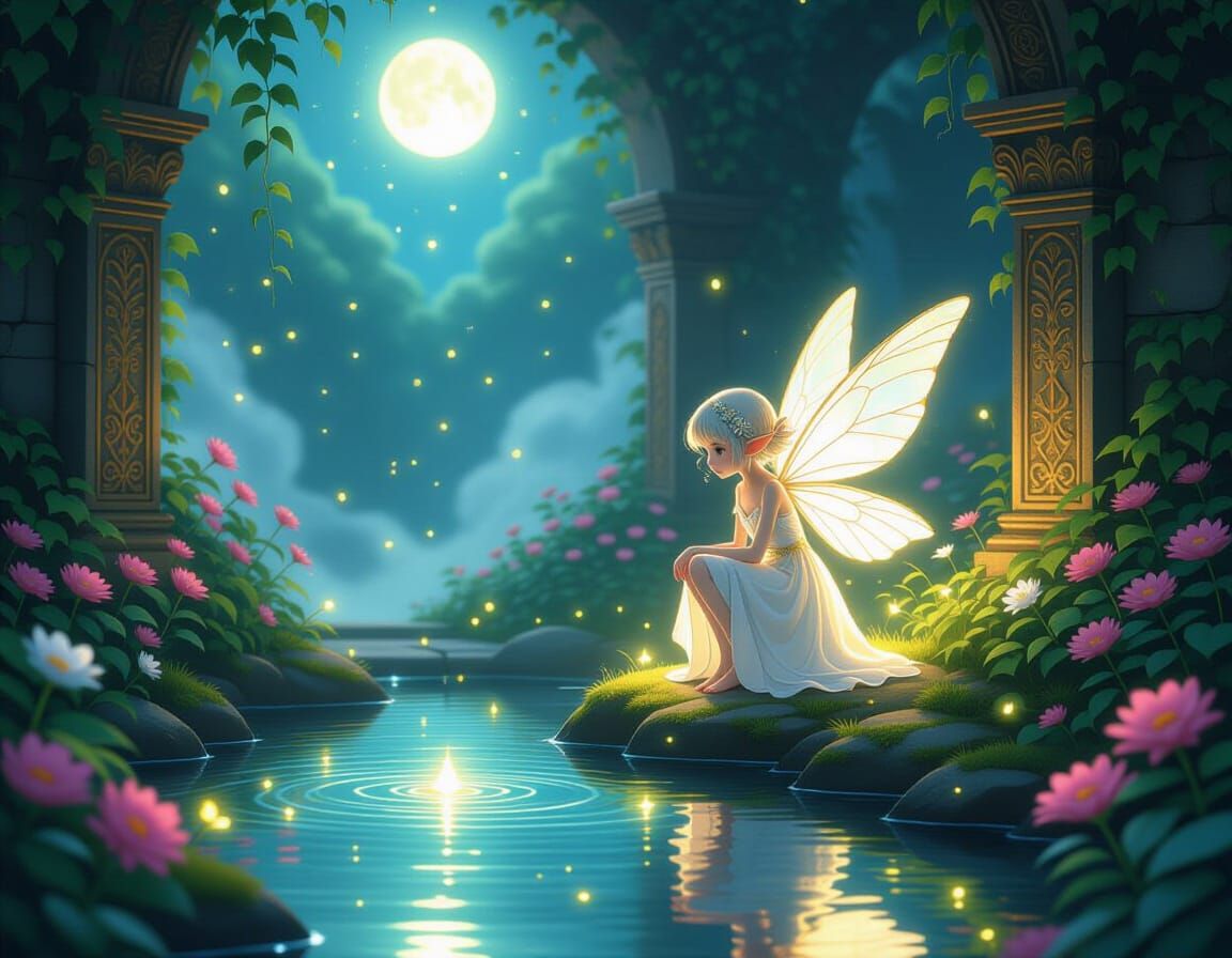 Fairy Girl in Moonlit Garden with Ancient Ruins