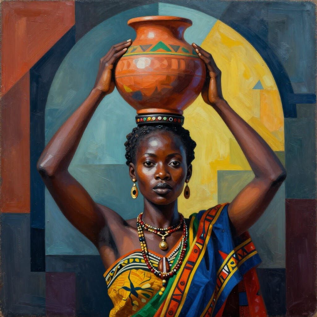 Neo-Cubist African Woman with Clay Pot in Rich Geometric Sty...