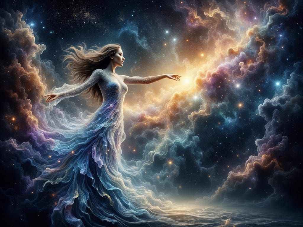 Ethereal Woman Emerging from Galaxy in Art Nouveau Style