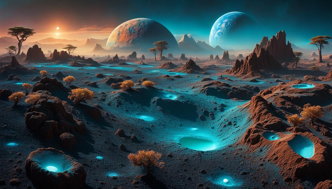 Asteroid Realm with Glowing Numerical Forest