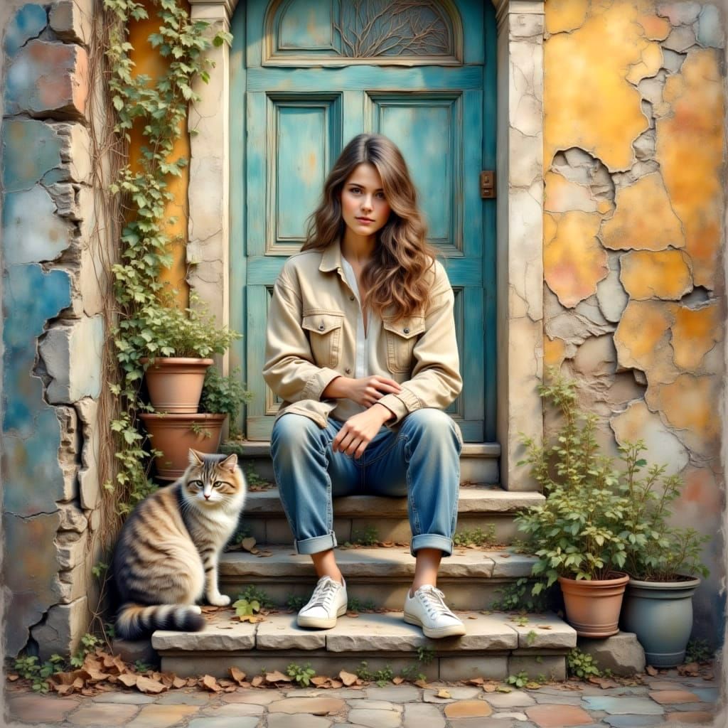 Young Woman and Cat on Steps in Cracked Tile Hallway