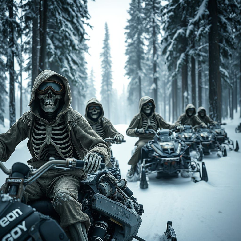 Skeletons Snowmobiling Through a Serene Forest
