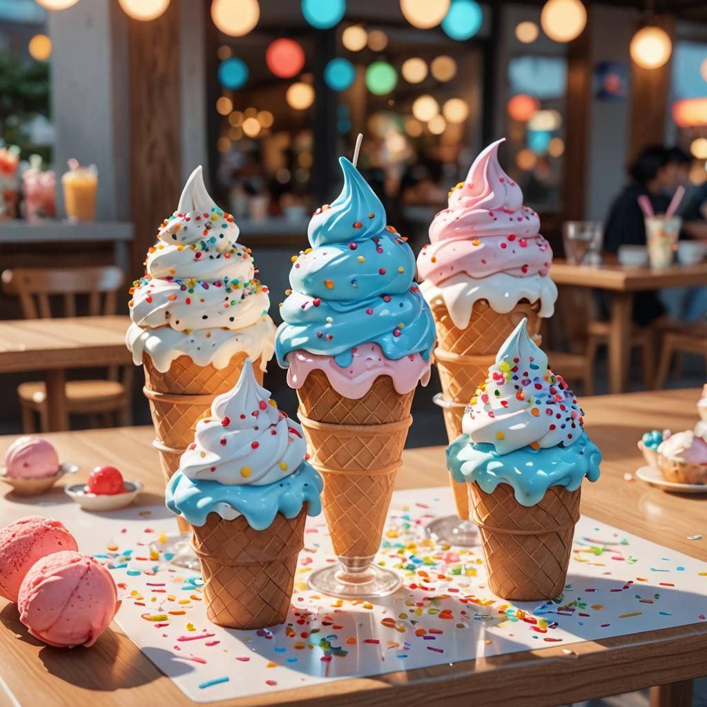 Vibrant anime concept art of colorful ice cream cones