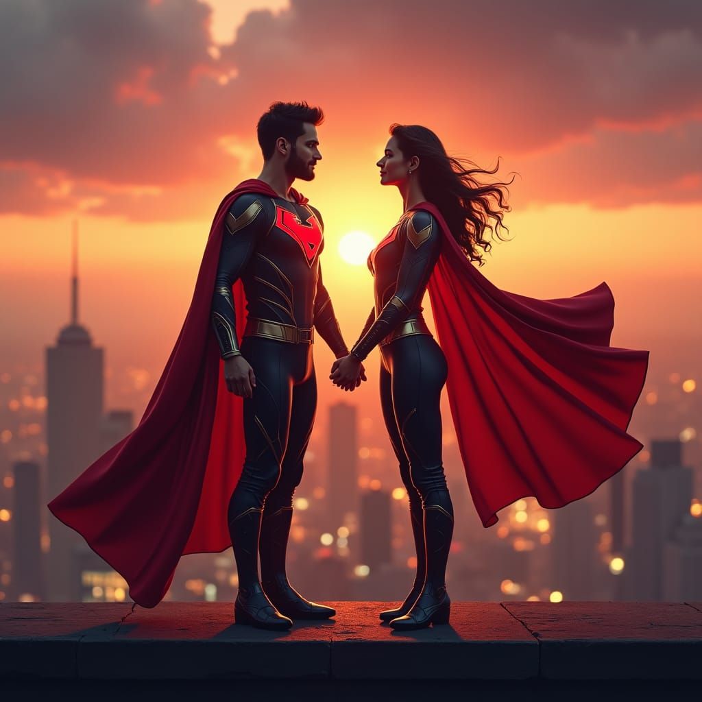 Marvel-Inspired Superhero Couple Stands Together in Sunset C...