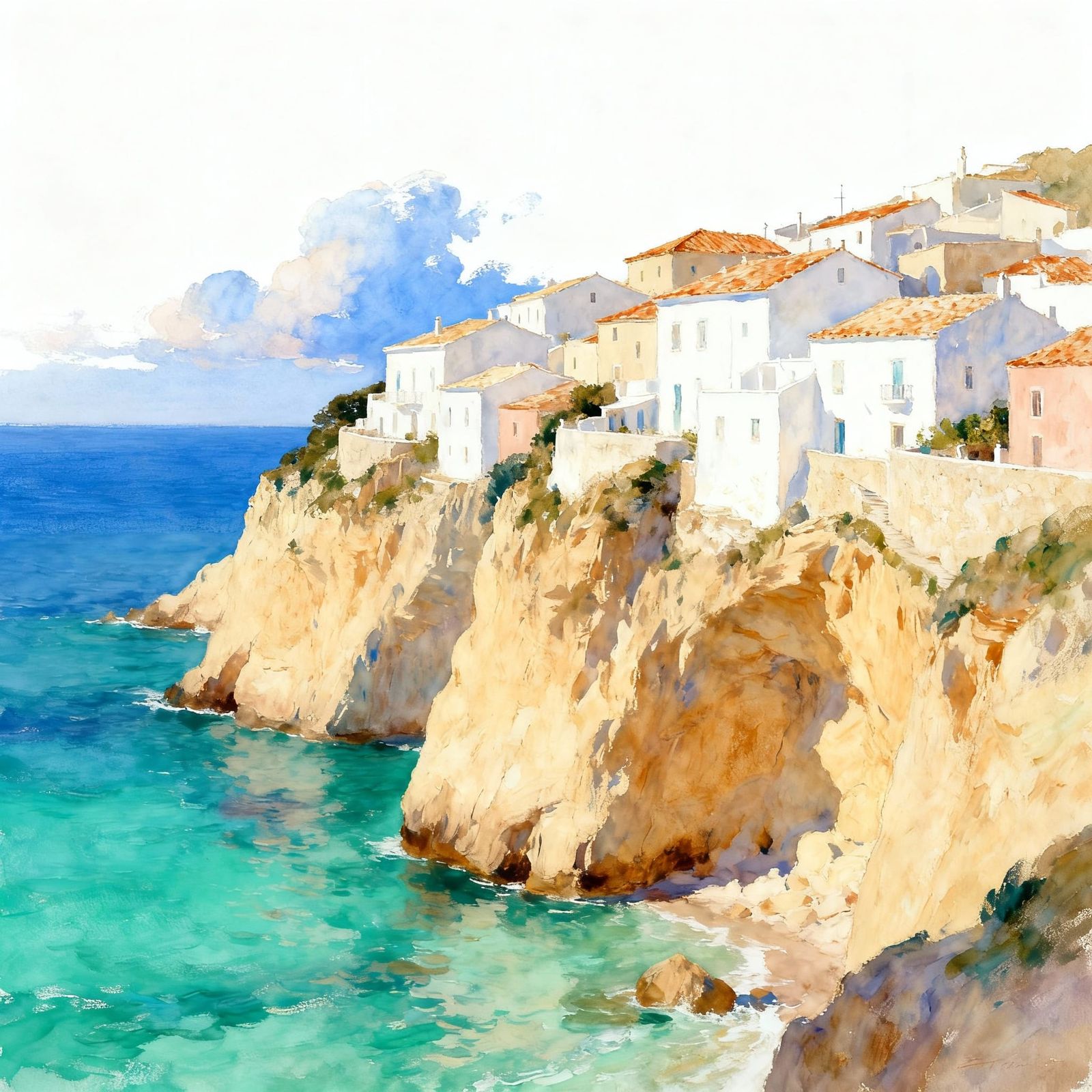 Mediterranean Coastal Village on Cliffs Above Turquoise Sea