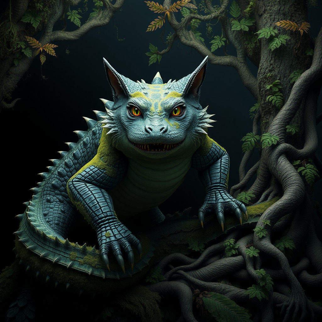 Mystical Crocodile Cat Hybrid Emerges from the Velvety Night