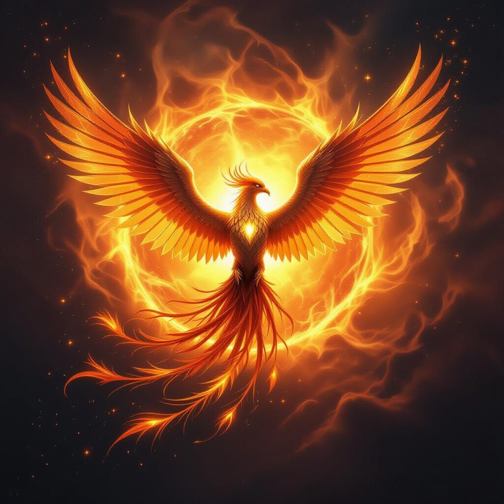 Mechanical Phoenix Rises from Fiery Sun in Ultra-Realistic A...