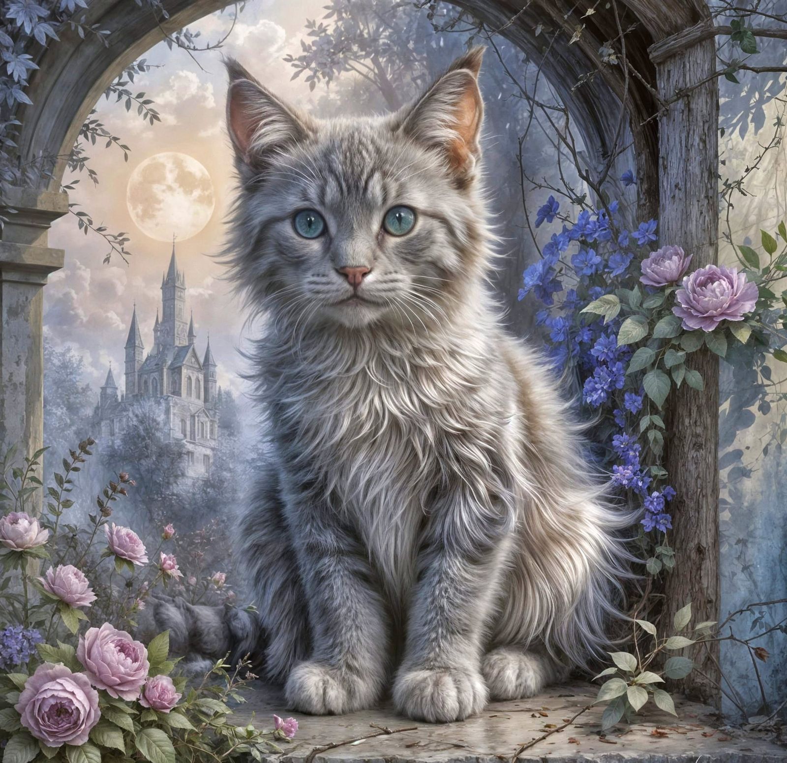 Rustic Watercolor Portrait of a Kitten in a Fairytale Settin...