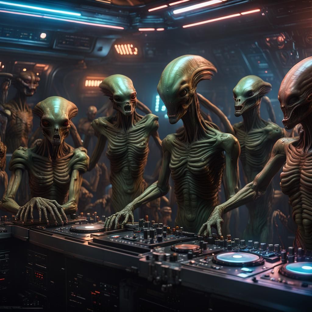 Alien Crew Party: A Geiger-Style Bar Scene in a Futuristic N...
