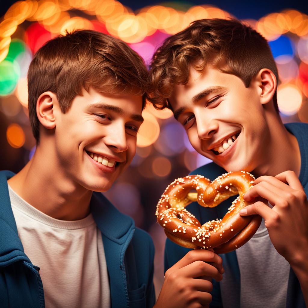 Teen Boys Share a Pretzel Under Vibrant Carnival Lights